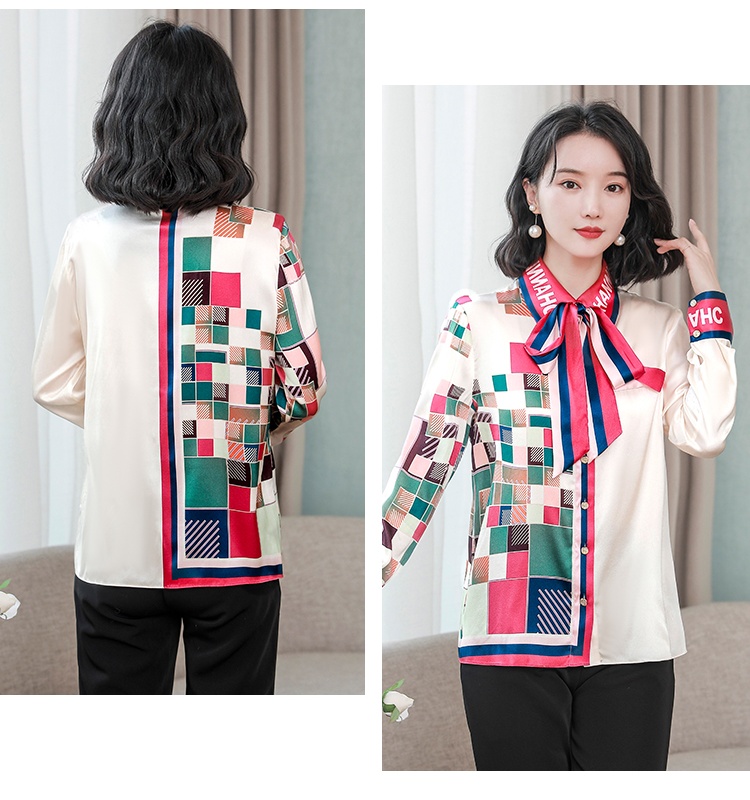 Spring and autumn bow tops printing shirt for women