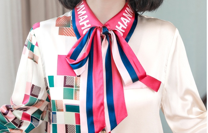 Spring and autumn bow tops printing shirt for women