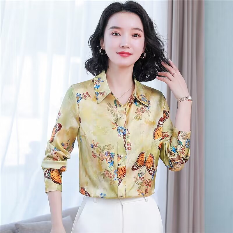 Silk printing floral France style autumn shirt for women