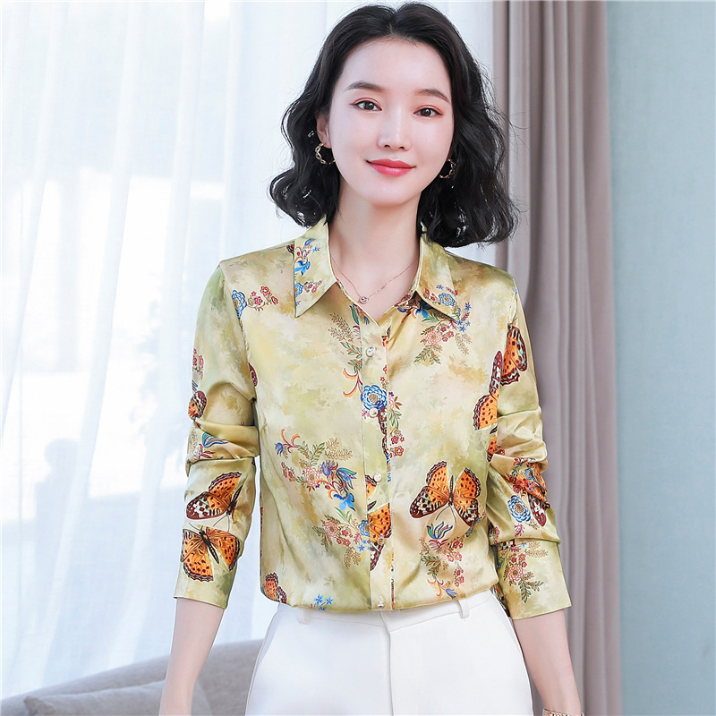 Silk printing floral France style autumn shirt for women