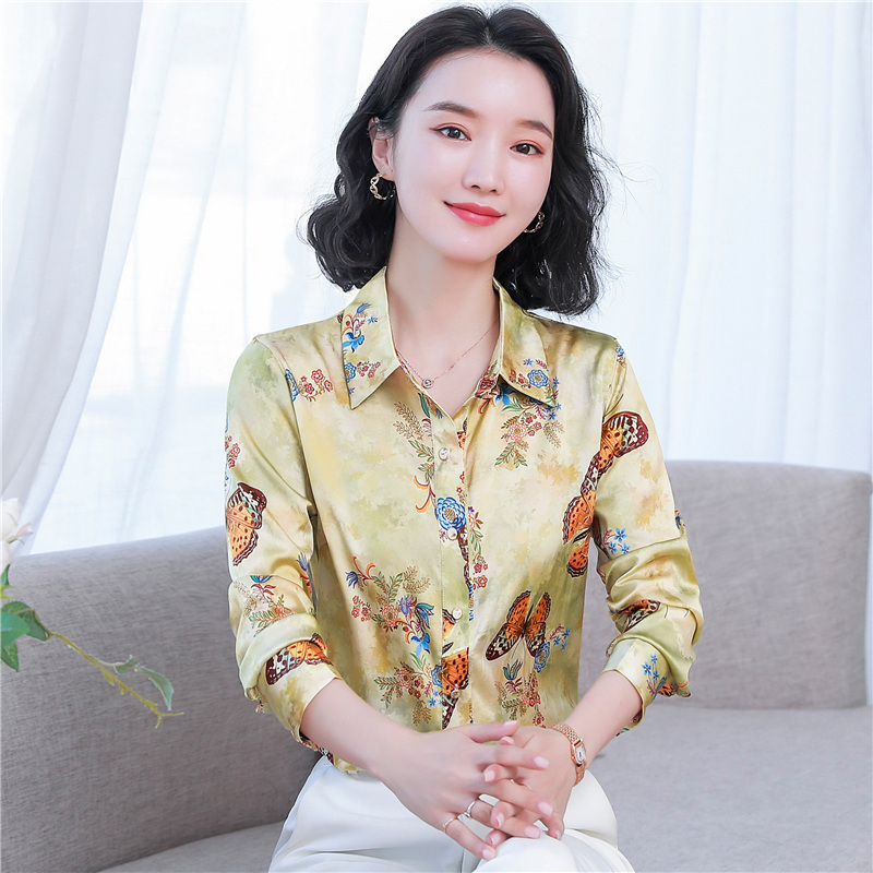 Silk printing floral France style autumn shirt for women