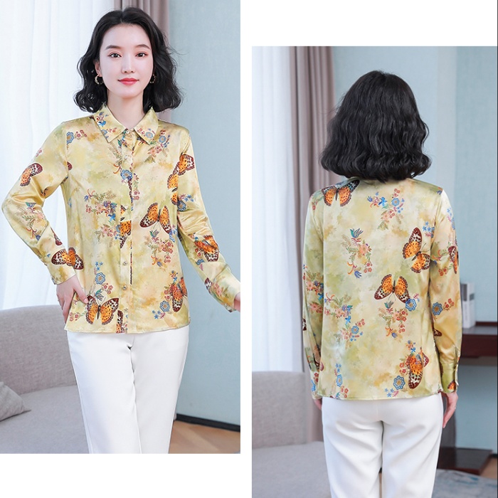 Silk printing floral France style autumn shirt for women