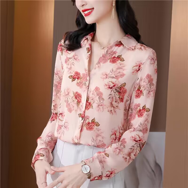 Real silk autumn shirt Western style tops for women