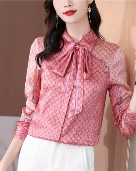 Bow silk printing shirt autumn streamer tops for women
