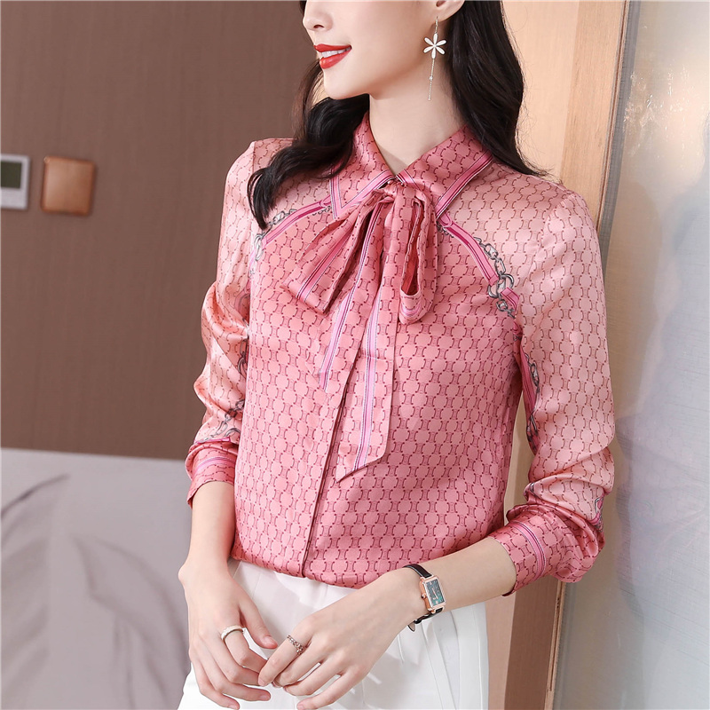 Bow silk printing shirt autumn streamer tops for women