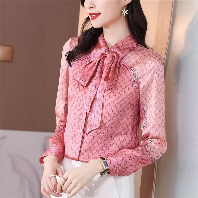 Bow silk printing shirt autumn streamer tops for women