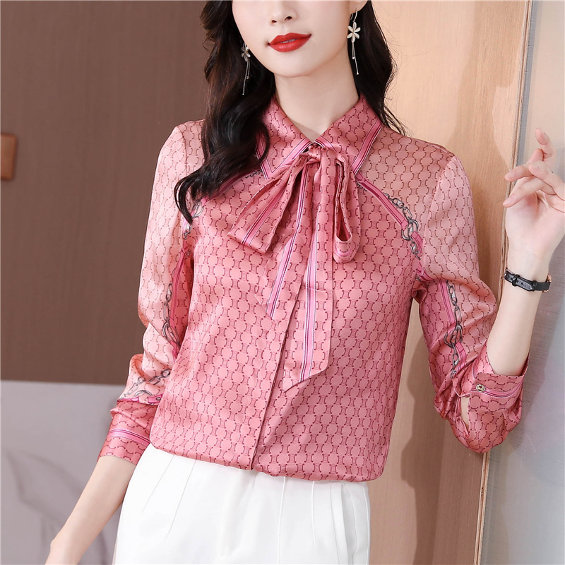 Bow silk printing shirt autumn streamer tops for women