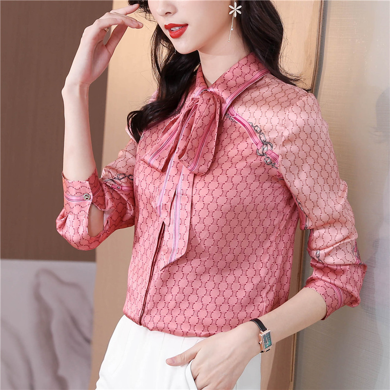 Bow silk printing shirt autumn streamer tops for women