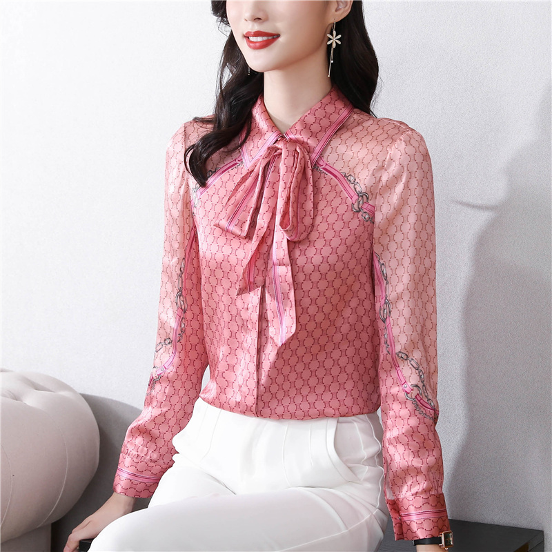Bow silk printing shirt autumn streamer tops for women