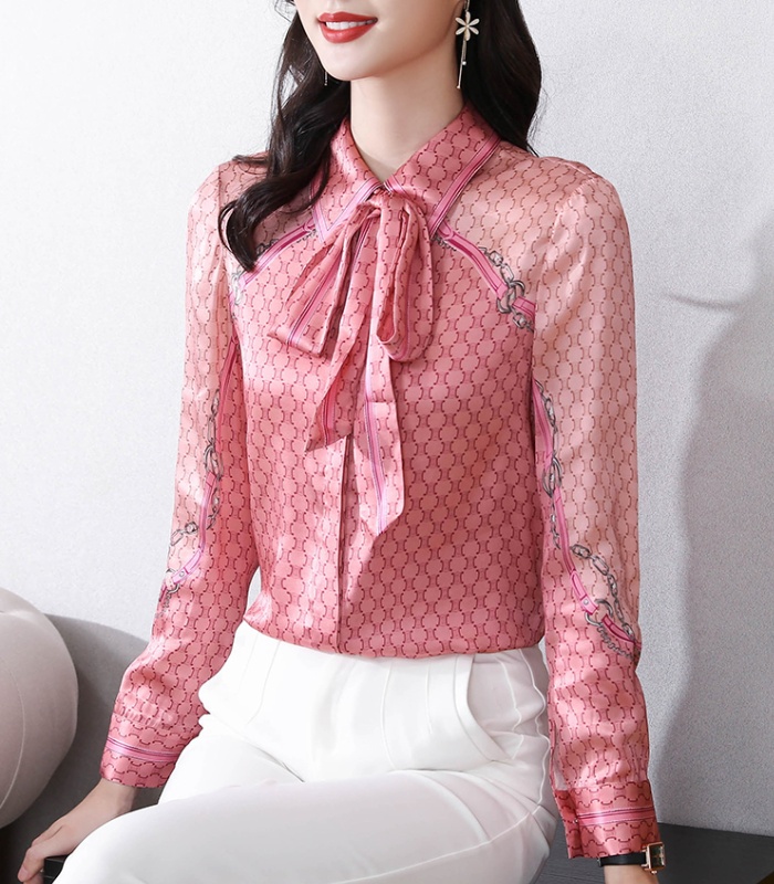 Bow silk printing shirt autumn streamer tops for women