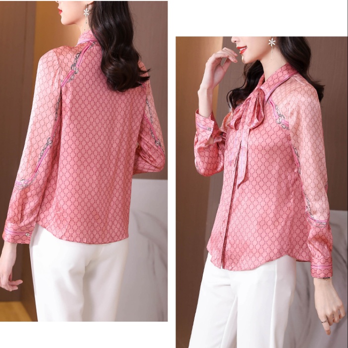 Bow silk printing shirt autumn streamer tops for women