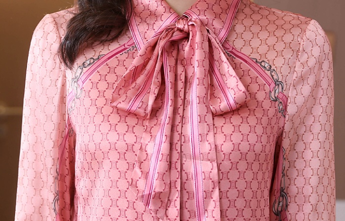 Bow silk printing shirt autumn streamer tops for women