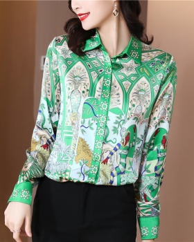 Casual lapel real silk printing silk shirt for women