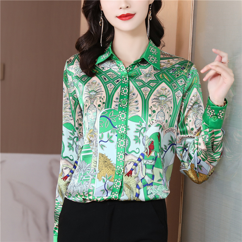 Casual lapel real silk printing silk shirt for women