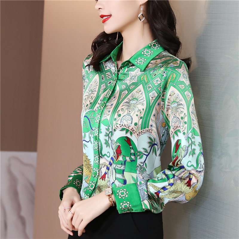 Casual lapel real silk printing silk shirt for women