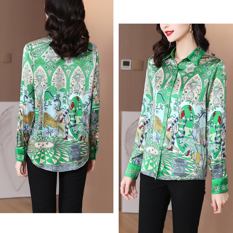 Casual lapel real silk printing silk shirt for women