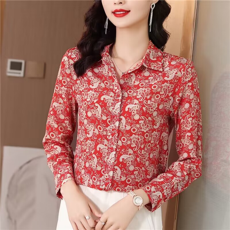 Real silk slim tops silk long sleeve shirt for women