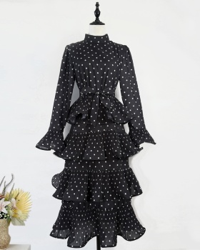 Retro crimp polka dot elegant pinched waist dress