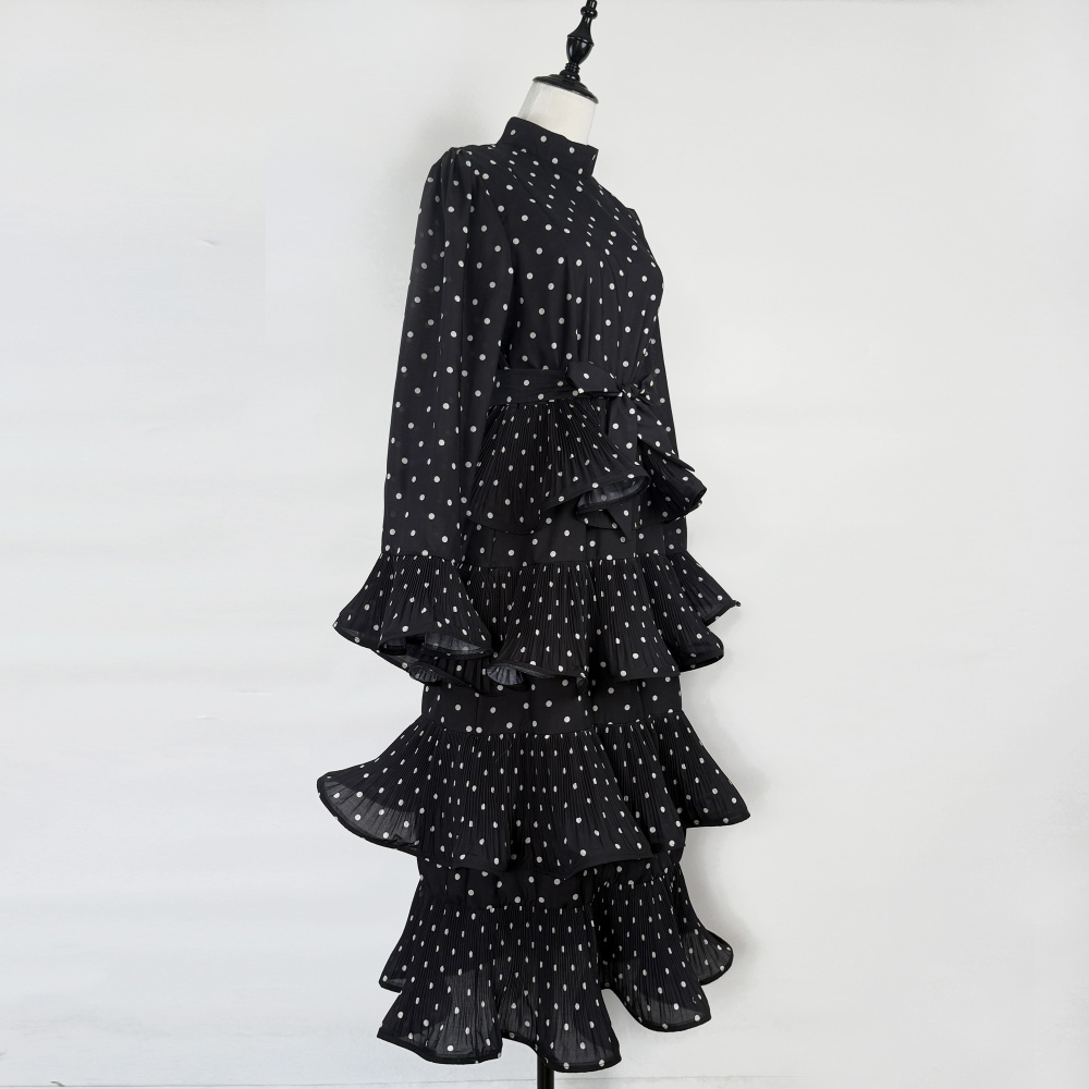 Retro crimp polka dot elegant pinched waist dress