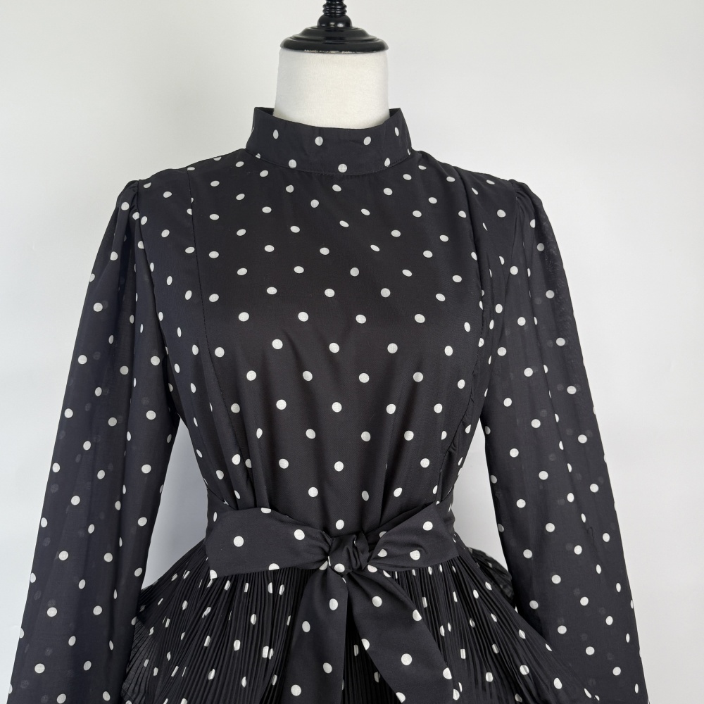 Retro crimp polka dot elegant pinched waist dress