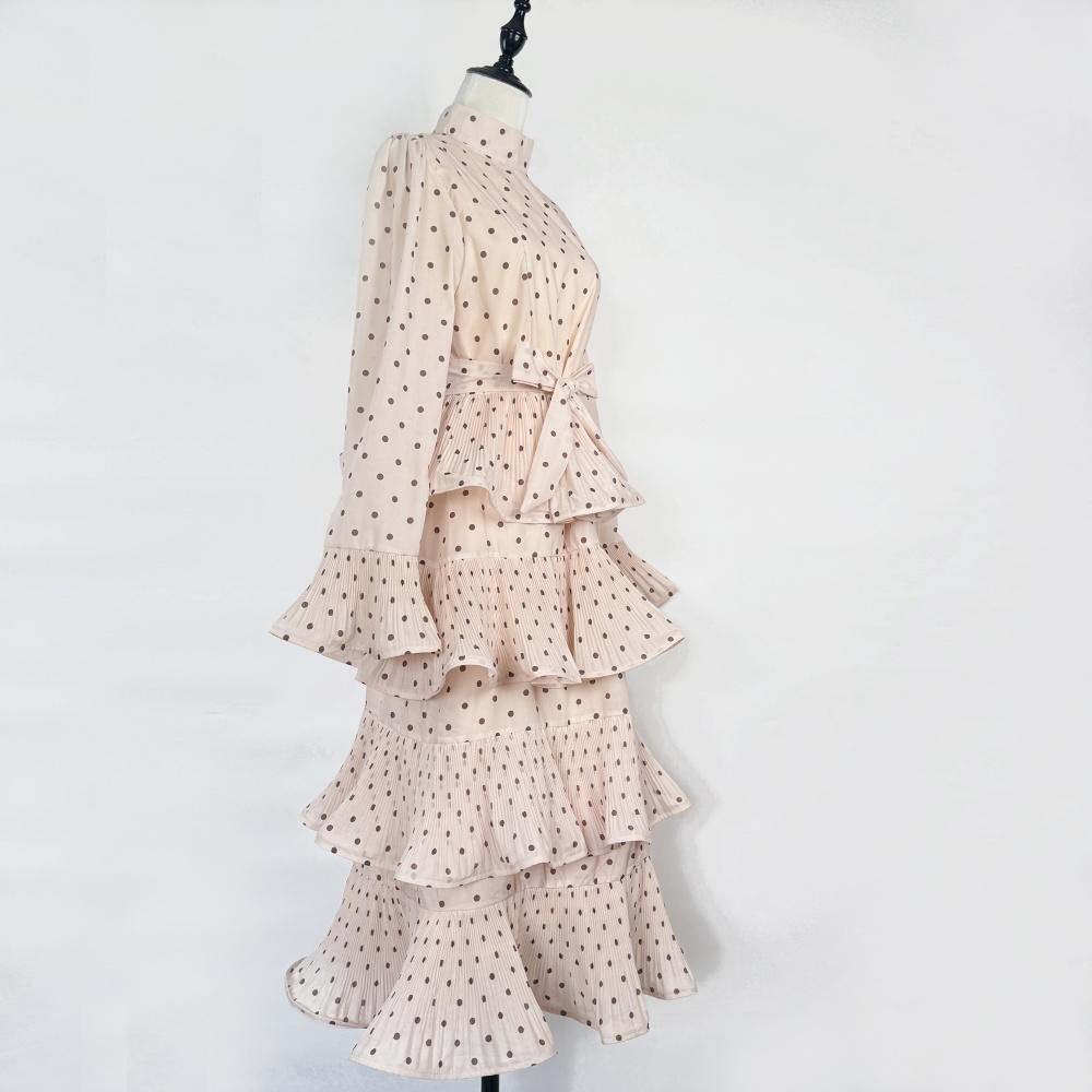 Retro crimp polka dot elegant pinched waist dress