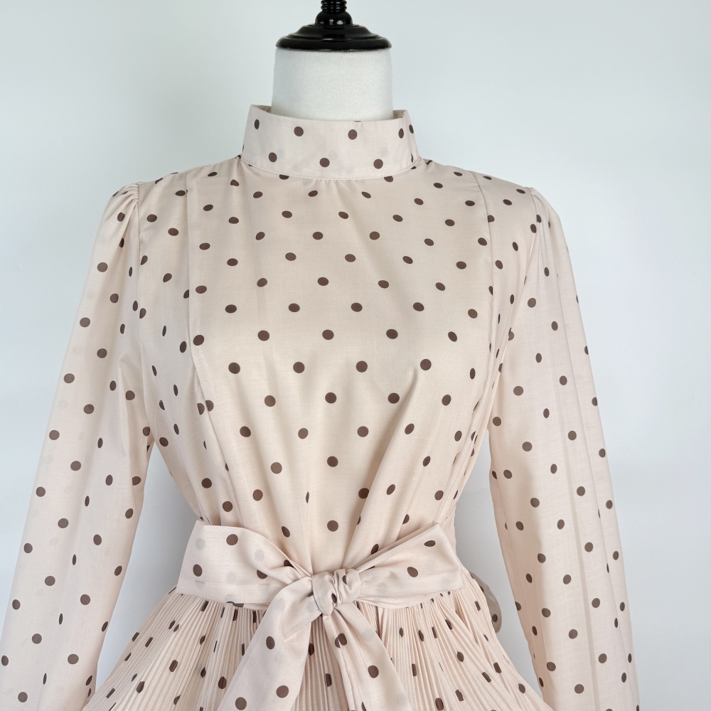 Retro crimp polka dot elegant pinched waist dress