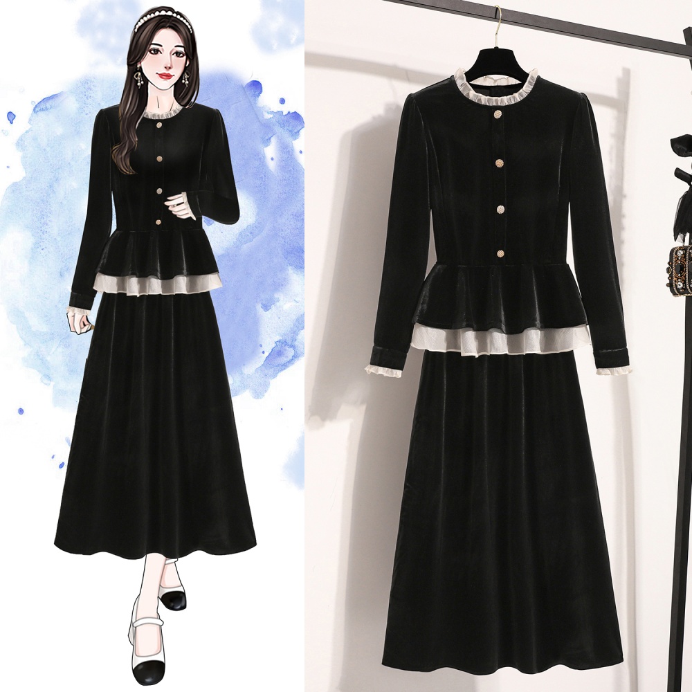Lace long sleeve tops golden velvet skirt