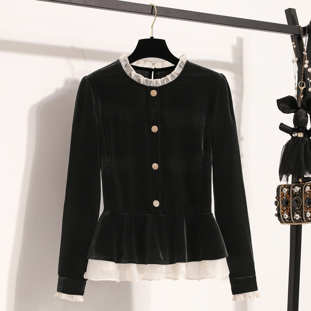 Lace long sleeve tops golden velvet skirt