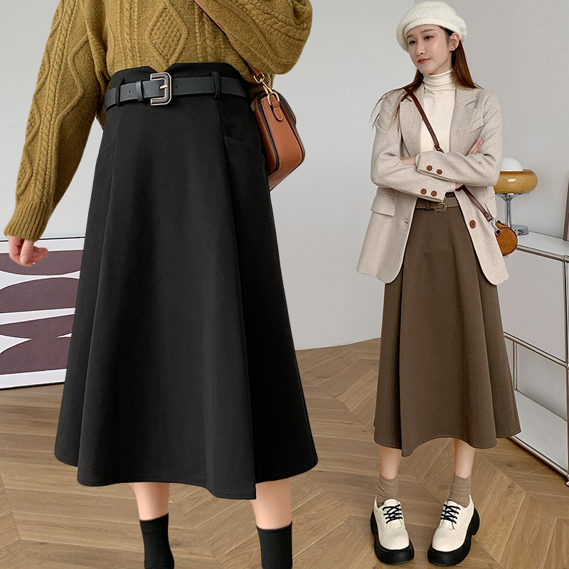 Woolen slim A-line high waist skirt for women