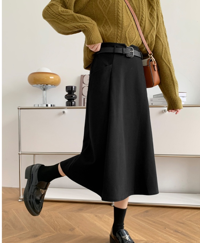 Woolen slim A-line high waist skirt for women