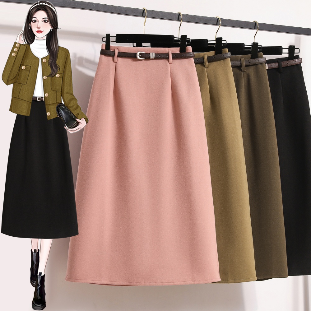Casual slim high waist A-line woolen long skirt