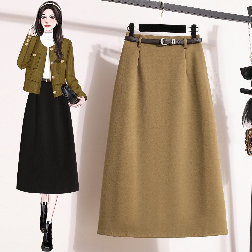 Casual slim high waist A-line woolen long skirt