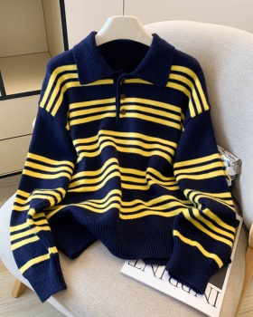 Stripe lapel sweater Korean style lazy tops for women