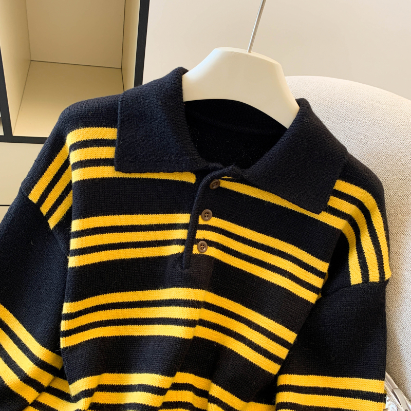 Stripe lapel sweater Korean style lazy tops for women