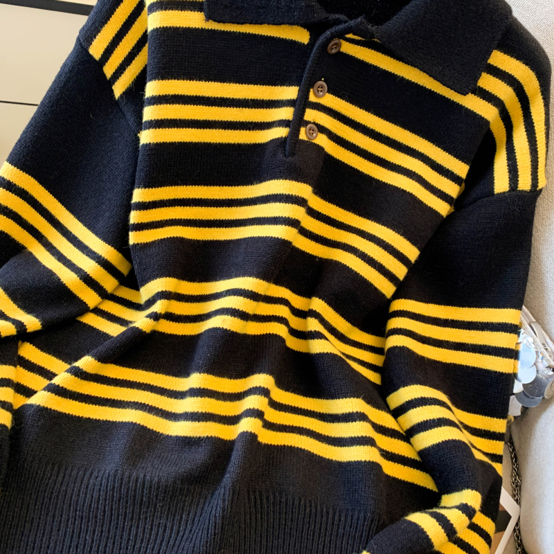 Stripe lapel sweater Korean style lazy tops for women