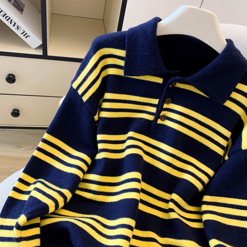 Stripe lapel sweater Korean style lazy tops for women