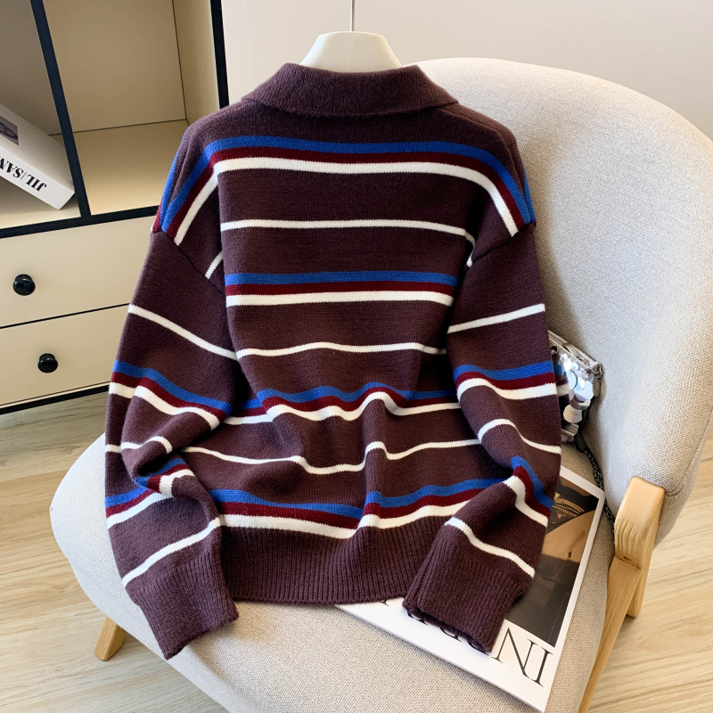 Stripe lapel sweater Korean style lazy tops for women