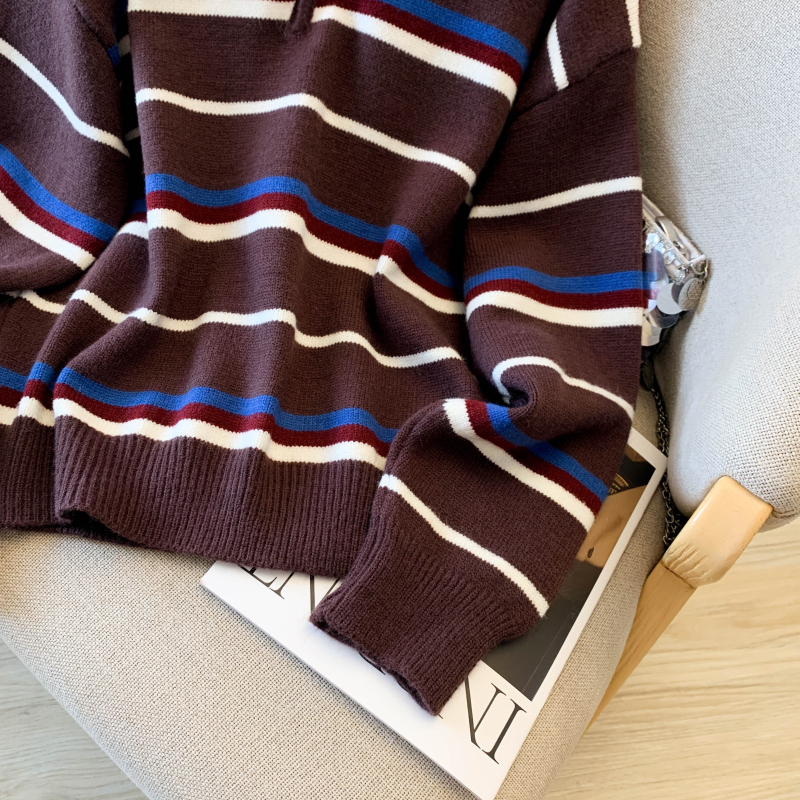 Stripe lapel sweater Korean style lazy tops for women