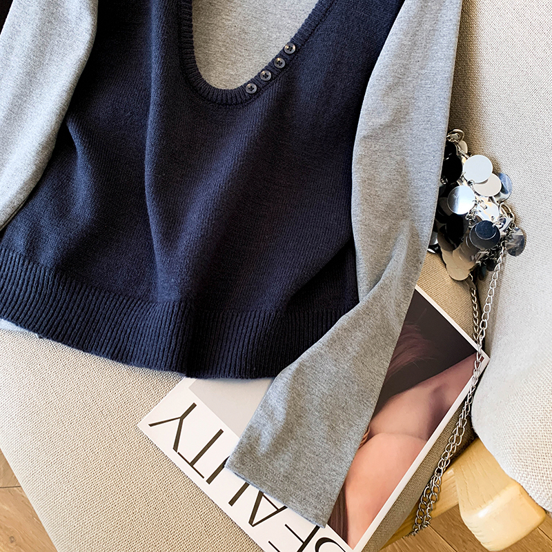 Knitted simple waistcoat pure T-shirt 2pcs set for women