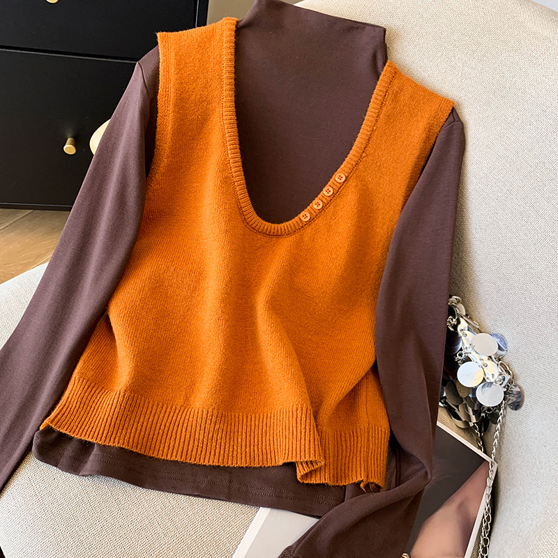 Knitted simple waistcoat pure T-shirt 2pcs set for women