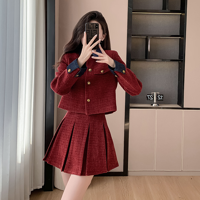 Pseudo-two denim skirt autumn and winter coat 2pcs set