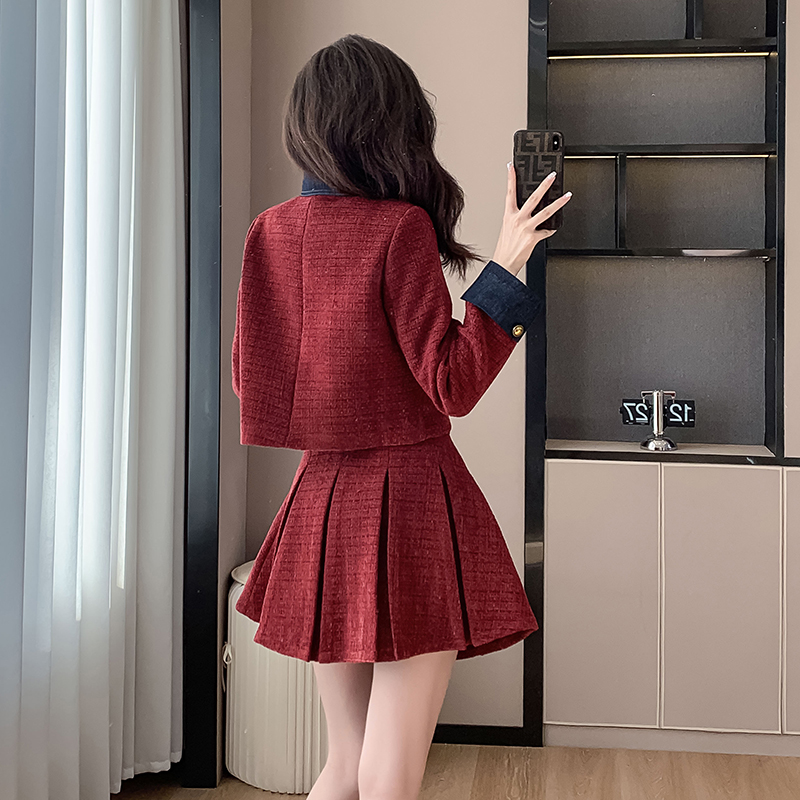 Pseudo-two denim skirt autumn and winter coat 2pcs set