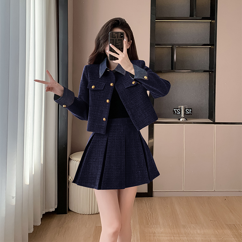 Pseudo-two denim skirt autumn and winter coat 2pcs set