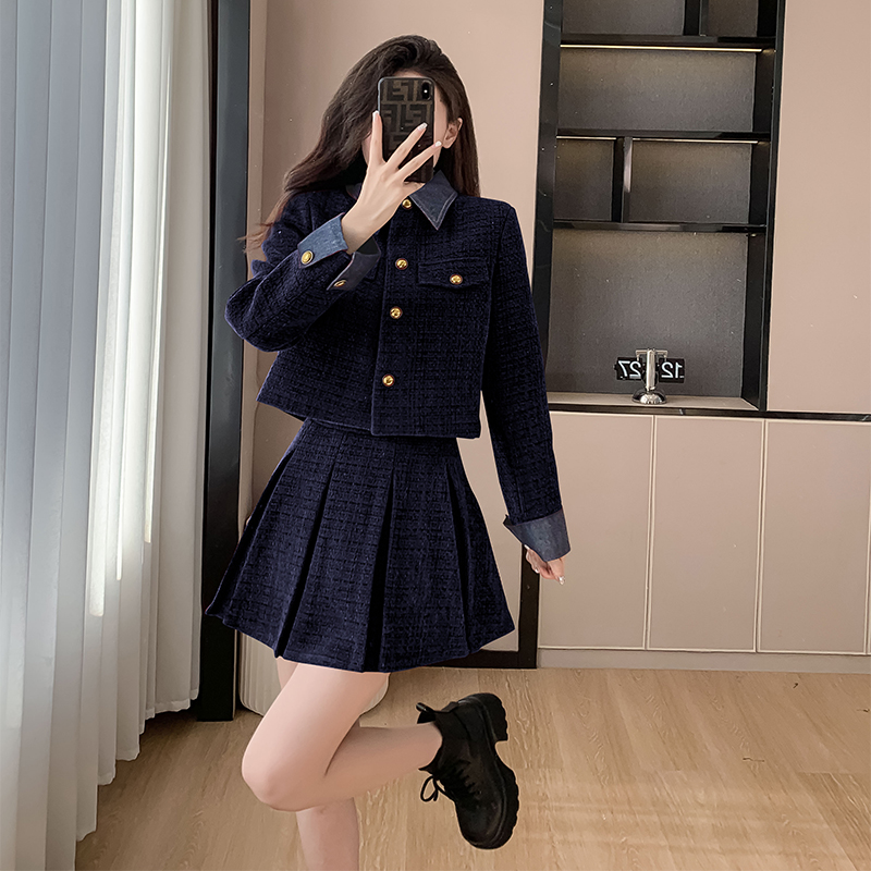 Pseudo-two denim skirt autumn and winter coat 2pcs set