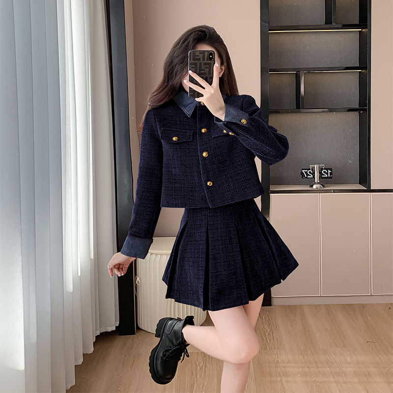 Pseudo-two denim skirt autumn and winter coat 2pcs set