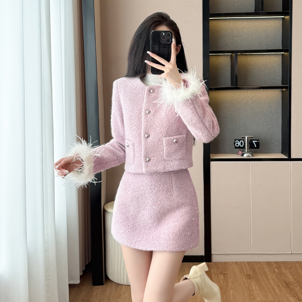 Plush diamond winter chanelstyle coat a set for women