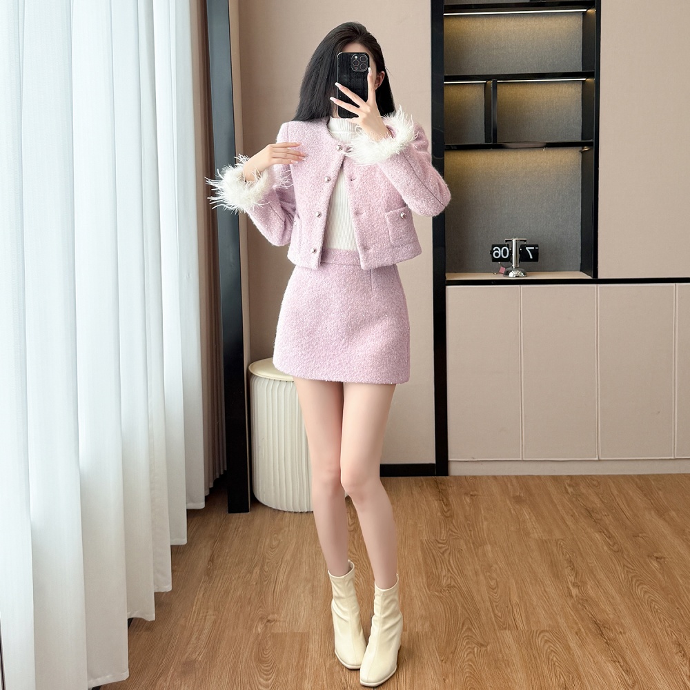 Plush diamond winter chanelstyle coat a set for women