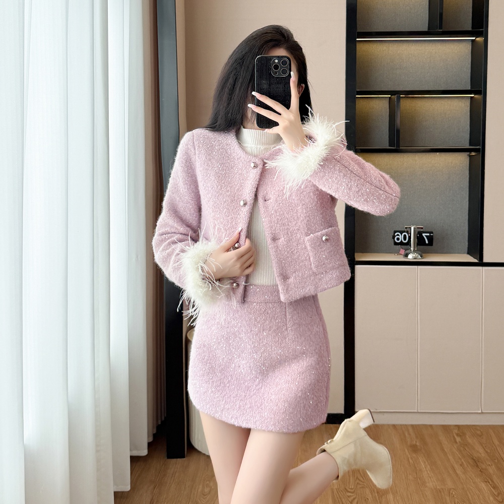 Plush diamond winter chanelstyle coat a set for women