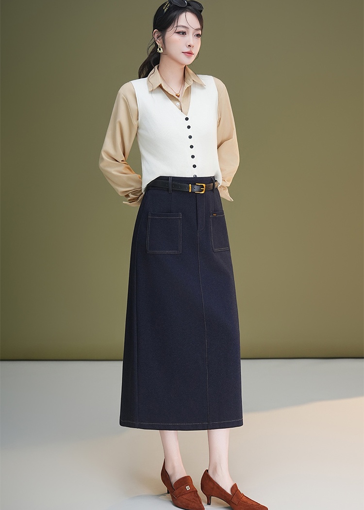 Slim high waist skirt denim straight one step skirt