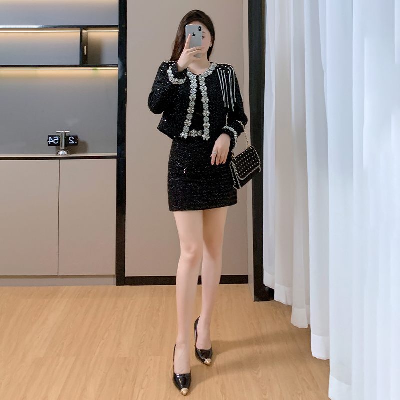 Beading light luxury jacket chanelstyle tops 2pcs set